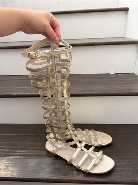 Stuart Weitzman Metallic Gold Leather Gladiator Knee-High Sandals 8.5